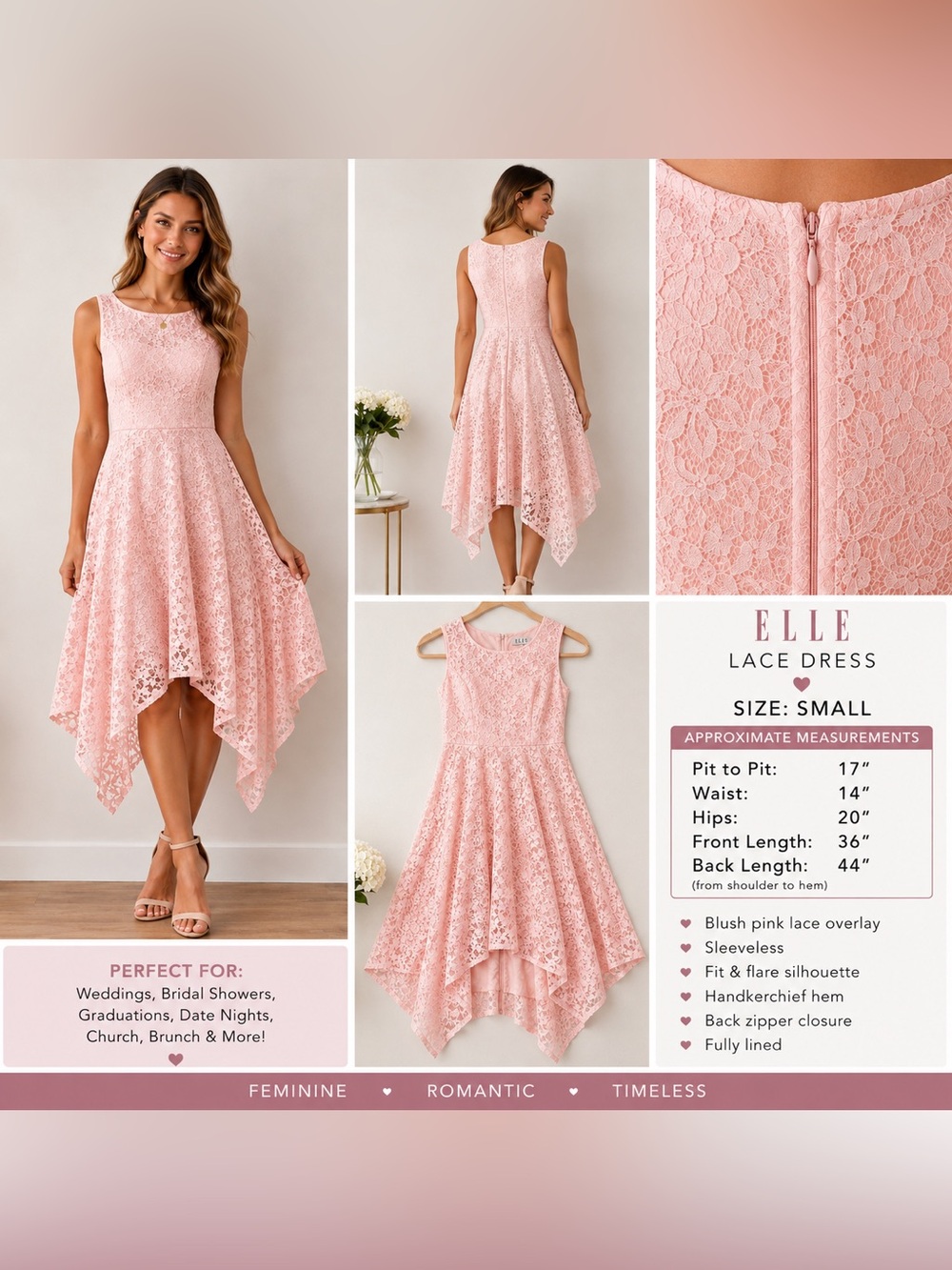 Beautiful ELLE blush pink lace dress in a feminine fit & flare silhouette. 🌸 - Picture 5 of 5